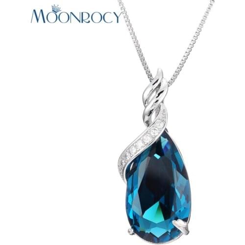 MOONROCY Drop Shipping Silver Color Cubic Zirconia Waterdrop Blue Crystal Necklace Jewelry Wholesale Choker for Women Gift