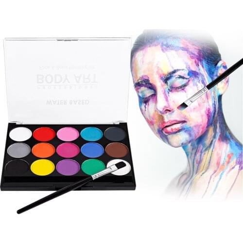 Body Paint Kit Face Paint Professional Water Based 15 Colors Washable Non-Toxic Paints 1 Paintbrush for Kid Sensitive Skin