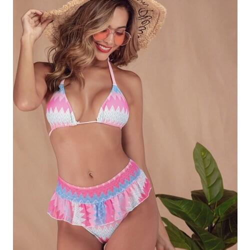 Sexy Print Slim Halter Strap Adjustable Low-Cut Bikini Womens Mesh Ruffled High Waist Split Quick-Drying Hot Swimsuit Swimwear
