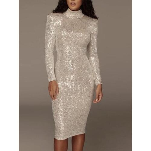 Sequined High collar Midi Dress Elegant Long Sleeve Bodycon Tight Stretch Knee Length Party Dresses