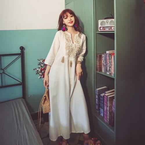 3 Colors White Blue Yellow Long Women Cotton Dress Summer Autumn Ethnic Loose Chinese Dress Boho Casual Vacation Maxi Dresses