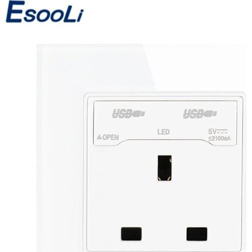 Esooli Power Outlet UK Standard Wall Socket 3 Hole Power Outlet With 2100mA Dual USB Socket Charger Port for Mobile