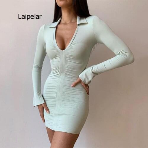 Deep V Neck Sexy Bodycon Dress Women 2021 Long Sleeve Pleated Skinny Short Summer Dress Casual Mini Dress