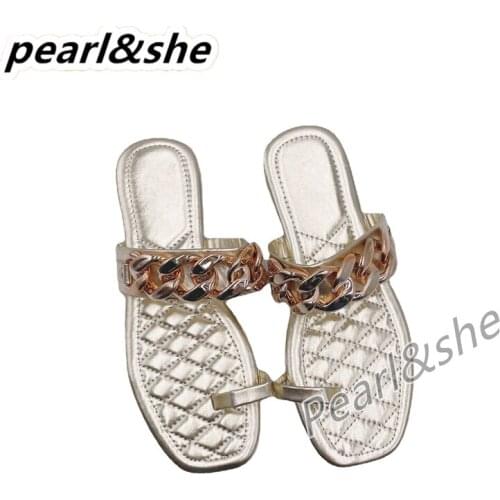 Summer Square Toe Metal Chain Slippers Female Large Size Beach Slip On Flip Flops Fashion Luxury Brand Women Shoes Sandals