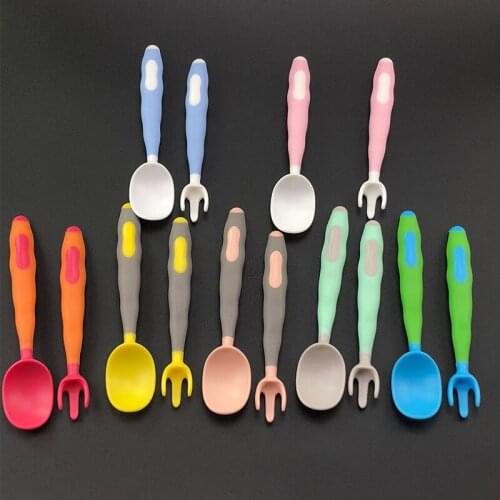Silicone Spoon Fork for Baby Dinnerware Toddler Auxiliary Feeding Cutlery Infant Bendable Gadgets Tableware 2 Pcs Set Utensil