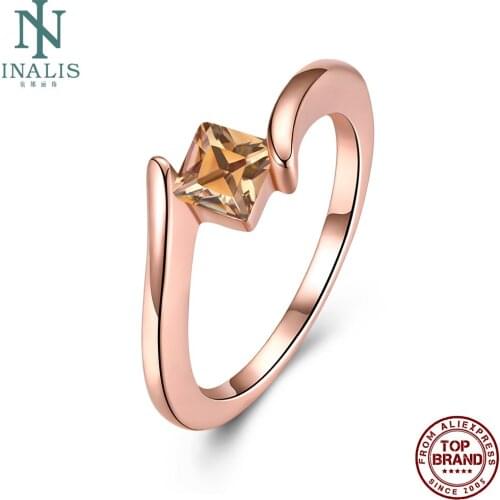 INALIS Rose Gold Plated Simple Rings For Women Square-Shape 5A Clear Cubic Zirconia Ring Anniversary Fashion Jewelry Recommend