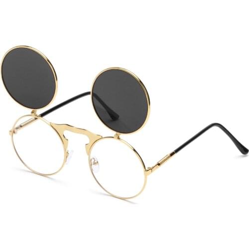 Flip-Up Sunglasses Vintage Round Steampunk Sunglasses Metal Frame Men and Women Summer Cycling Sun Glasses UV Protection