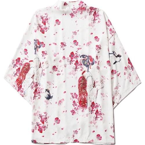 Yukata Beach Men Women White Cardigan Blouse Harajuku Japan Cherry Blossoms Kimono Femme Japanese Style Sexy white Clothes