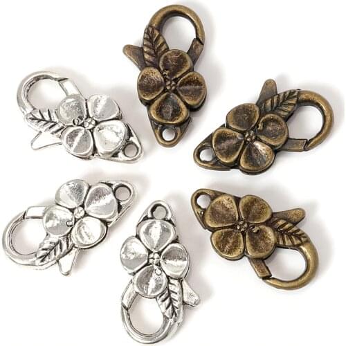 5pcs/lot Antique Silver Flower Lobster Clasp Hooks For Necklace Bracelet Chain DIY Jewelry Accessory Findings 26*15MM