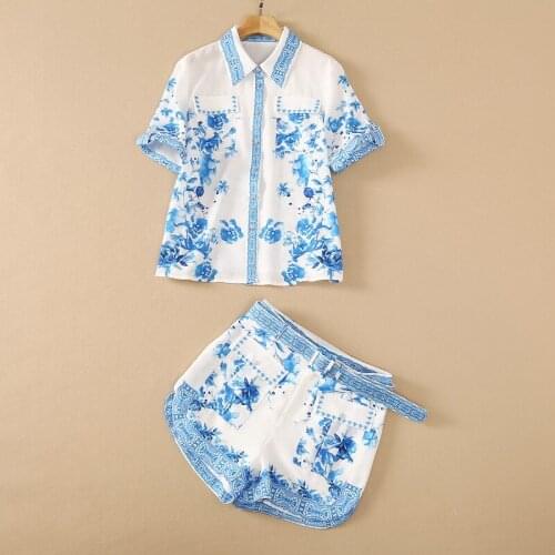 European and American womens wear for summer 2021 shirt with short sleeves and lapels Court printed belt shorts Fashion suits