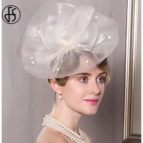 FS Ladies Fascinator Hats Base White Wedding Church Hats For Women Pillbox Hat With Veil Feather Hair Accessories Headwear