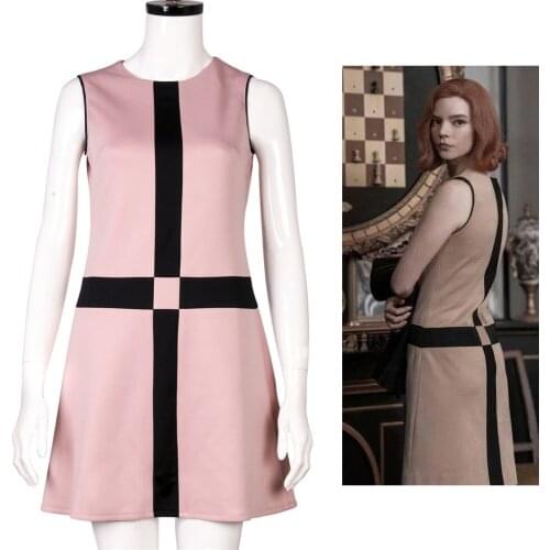 The Queens Gambit Dress Costume Retro Khaki Black Pink Cross Beth Harmon Dresses Lovely Beth Lady One-piece Dresses