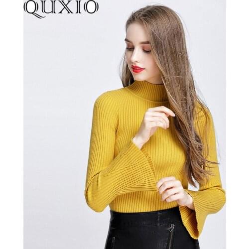 Womens Turtleneck Sweater Knitted Ribbed Pullover Flare Sleeve Winter High Elasticity Slim Jumper 2019 Autumn Sweaters Female