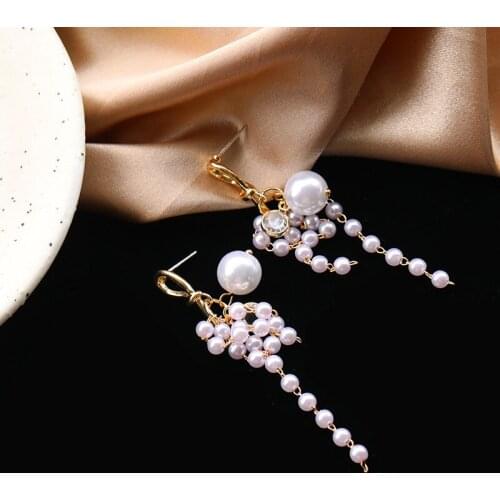 Bohemia Tassel Simulated-pearl String Drop Dangle Earrings Long Korean Crystal Golden Metal Female Fashion Statement Earrings