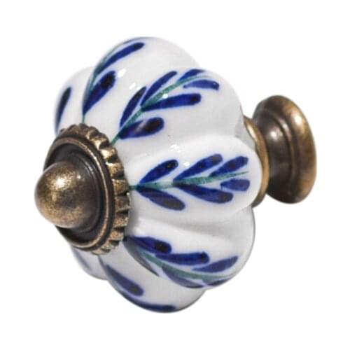 34mm Blue Leaf Hand Painted Ceramic Pumpkin Bedroom Cupboard Cabinet Knobs Door Drawer Furniture Handle Pulls
