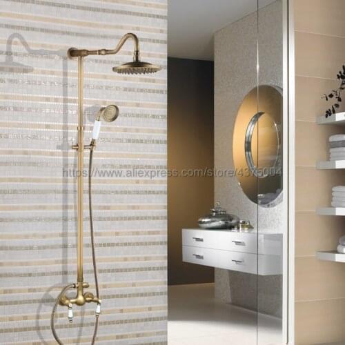 Antique Brass Bathroom Shower Faucet Set Double Handle 8" Rainfall Shower System with Handshower Nan508