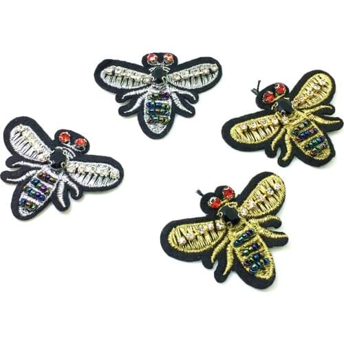 20pc 5x4cm Beaded Baroque Bee Patch Embroidered Applique Iron On Patches For Clothing Parches Bordados DIY Accessories AC0954