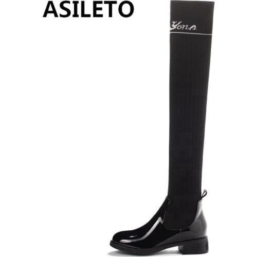 ASILETO 2021 Woman Long Boots Knee High Boots Square Heeled Pointy Sexy elasticity Wool Boots Patent Leather Glitter Slip On
