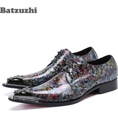 Batzuzhi Italy Style Men Shoes Pointed Metal Tip Color Leather Dress Shoes Men Formal Lace-up zapatos de hombre Party Footwear
