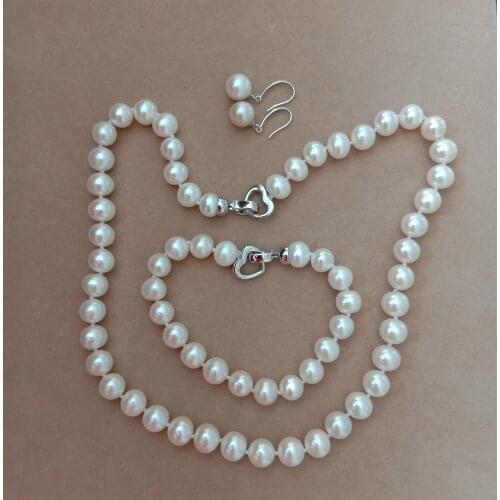Free shipping 100% nature freshwater pearl jewelry set with necklace,bracelet,925 silver earring,9-10 mm round pearl