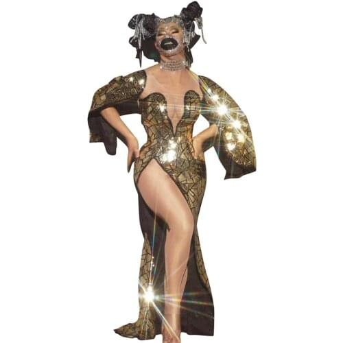 Sparkling Gold Sequin High Slit Party Prom Dress Women Backless Sexy Deep V Birthday Evening Long Dress Club Singer Stage Wear