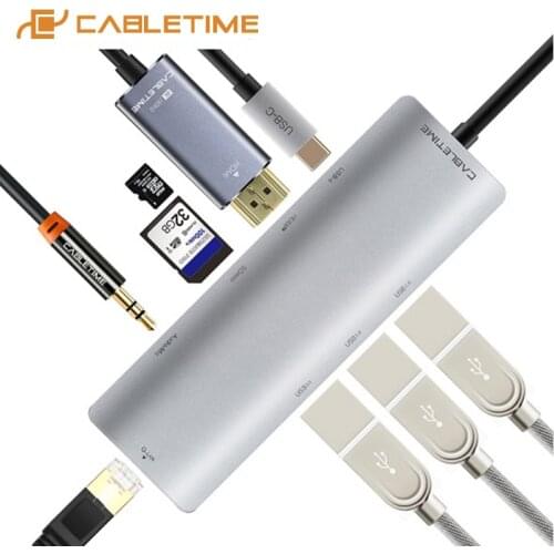 Cabletime USB C hub HDMI 3.5mm Adapter 9 in 1 Type C USB 3.0 HUB SDTF Card Reader Ethernet for Macbook Huaiwei Matebook X