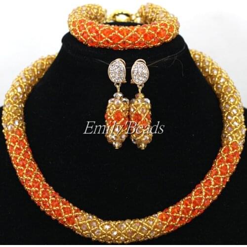 Smart Champagne Gold African Beaded Jewelry Set Orange Nigerian Wedding Crystal Beads Necklace Set Bride Gift Single Row AIJ836