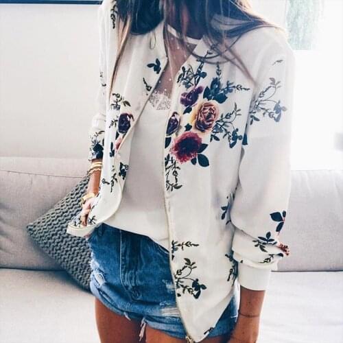 Women Bomber Biker Jackets Spring Autumn Floral Printed Casual Long Sleeve Pocket Slim Streetwear Coat Female Zipper Outwears