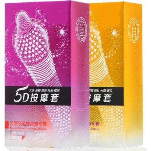 12PCS 5D Dotted Thread Ribbed G Point Latex Condoms Contraceptives Big Particle Spike Condom for Men Sex Products