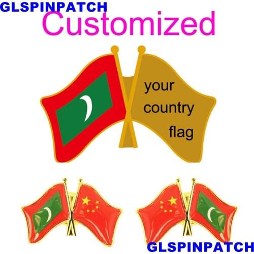 Maldives Crossed Friendship Flag Double Country lapel pin Brooch USA UK France Chile Russia Saudi Arabia Japan Spain Badge