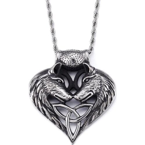 Mens Vintage 3D Gothic Two Wolf Heads Stainless Steel Pendant hyperbole Necklace rope chain 22'' 4mm