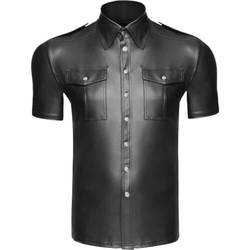 Mens T-Shirts Faux Leather Short Sleeve Shirts Tee Cool Men Nightclub Stage Costumes Bar Club Wear Costume Shirts Undershirts