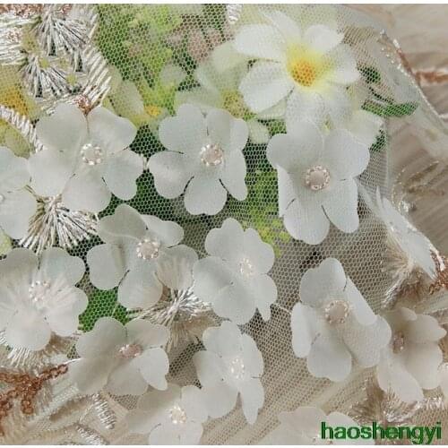 New three-dimensional bright silk flower gold thread embroidery mesh clothing dress fabric