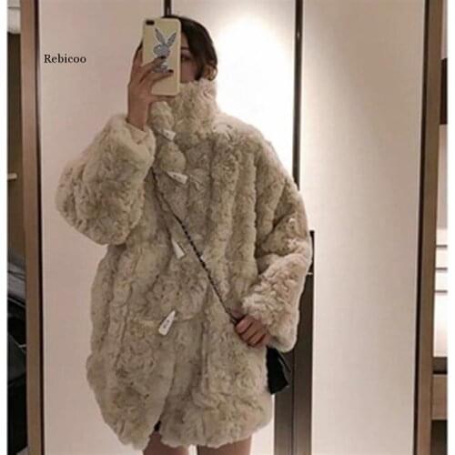 Autumn Winter Imitation Lambswool Women Coat Turtleneck Horn Button Female Jacket
