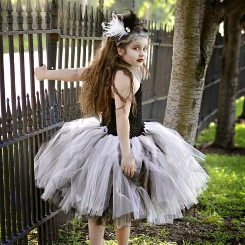 Girls Black White Feather Tutu Dress Kids Crochet Dance Tulle Dress with Hairbow Children Cosplay Party Banquet Costume Dresses