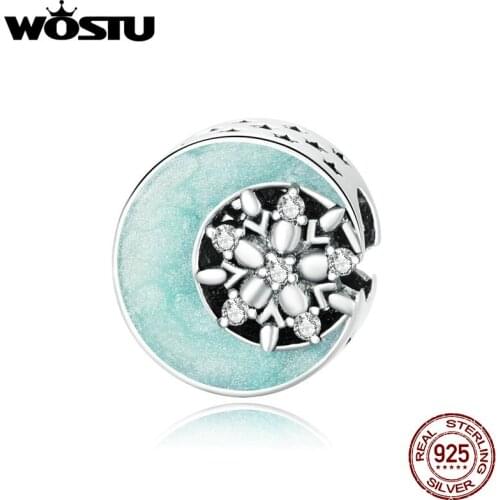 WOSTU New 925 Sterling Silver Snow & Moonlight Charm Stopper fit for Original Silver Bracelet European Jewelry Making DXC1653