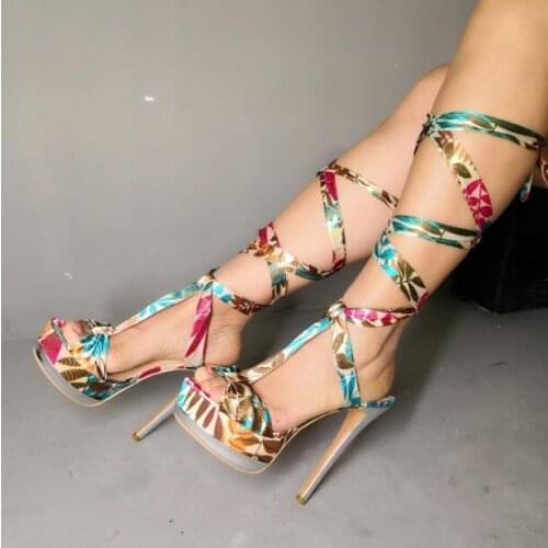 Drop Shipping Summer 2019 Sexy Girls Colorful Silk Platform Open Toe Thin Heels Cross Lace Up High Heel Sandals Boots Big Size