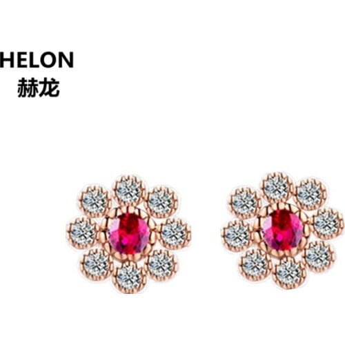 SI/H Natural Diamonds Women Stud Earrings Solid 14k Rose Gold Genuine Ruby Anniversary Wedding Earrings