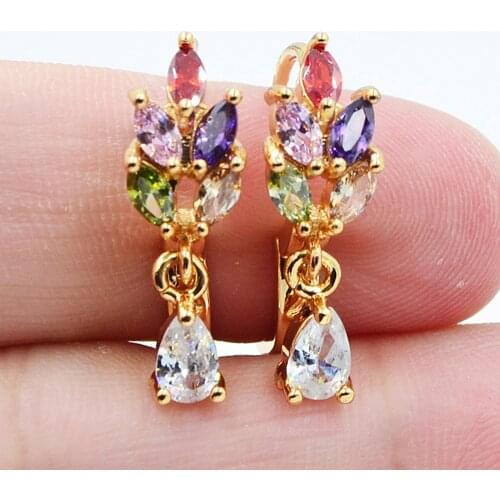 AAA+ Cubic Zirconia Gold Color Women Fashion Multicolor CZ Teardrop Flower Huggie Hoop Earrings Jewelry