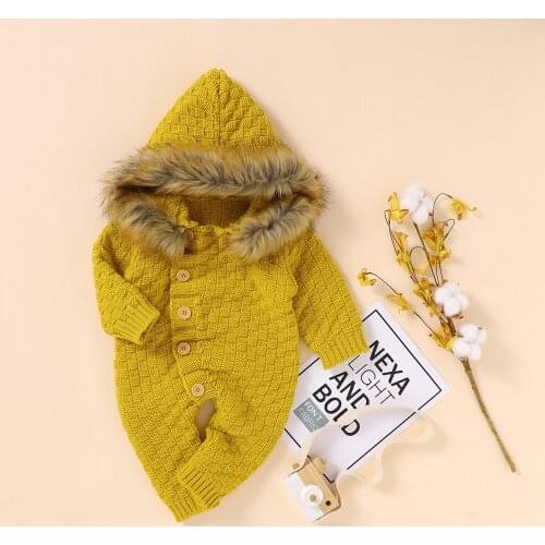 Baby Girls Boys Knitted Romper Autumn Winter Solid Color Single-breasted Long Sleeve Hooded Jumpsuit with Wool Collar
