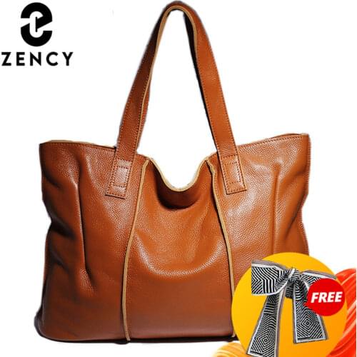 Zency 100% Genuine Leather Handbag Large Capacity Women Shoulder Bag Retro Tote Purse High Quality Hobos Brown Shopping Bags