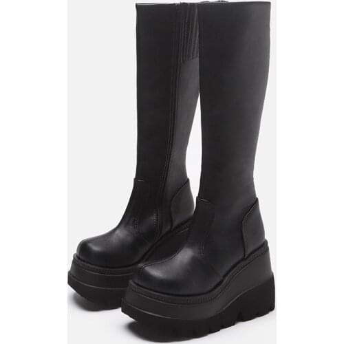 New Women Top Quality Knee High Boots Chunky Heels Dancing Night Club Shoes Woman Punk Riding Boots Mid-calf Winter Black