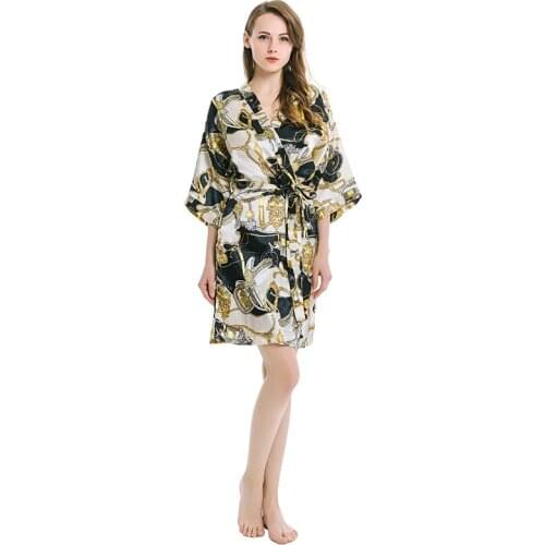 Sanderala Women Robe Chain Print V Neck Belted Half Sleeve Sleepwear Satin Dressing Lingerie Gown Bathrobe Home Pajamas