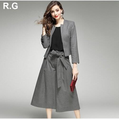 RG Elegant Women Wool Blazer Pants Suits Cashmere Jacket Coat Wide Leg Pant 2 Piece Set OL Lady Work Wear Autumn Winter 2018