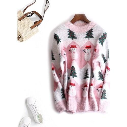 Womens Christmas Gift Snow Sweater Ladies Jumper Knitted Tops Pullover Female Ladies Cartoon Pink Fashion Mohair Sweaters NS515