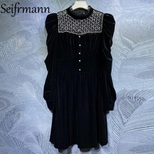 Seifrmann New 2021 Autumn Women Fashion Runway Party Mini Dress Lantern Sleeve Gorgeous Crystal Beading High Waist Black Dresses