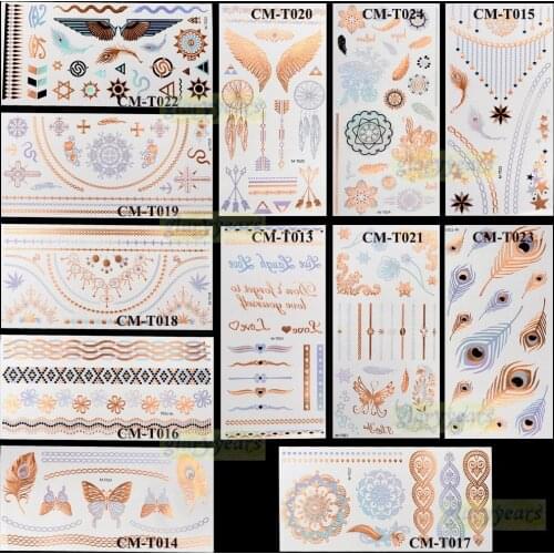 1PC Hot Flash Metallic Waterproof Temporary Tattoo Colorful Gold Silver Bronze Iridescent Women Henna Design Tattoo Sticker CM-T