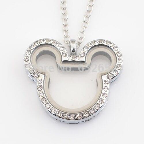 10pcs/lot, New arrive High polished magnetic floating lockets, cute Mickey lockets with stones FN0040