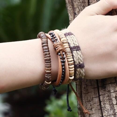 2020 New Boho Gypsy Hippie Punk Charm Beige Coconut Beads Brown Hemp Cord Macrame Stacked Layer Unisex Men Leather Bracelets Set