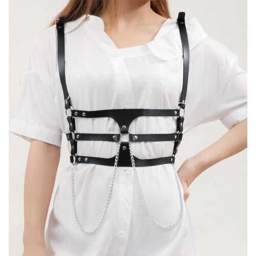 2021 Women Sexy harness belt with chain Faux Leather Body Bondage Cage Sculpting Harness Waist Belt Straps Suspenders Belt